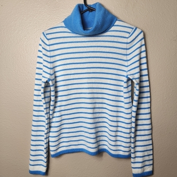 CJ Laing Palm Beach Blue Ivory Stripe 100% Cashmere Turtleneck Sweater-Size S - Picture 1 of 7